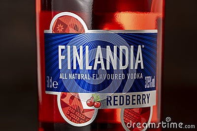 Label and trademark on bottle of Finlandia all natural flavored vodka Redberry. Finlandia is a brand of vodka produced in Finland Editorial Stock Photo