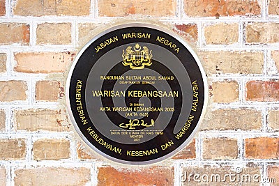 A label on wall to the Sultan Abdul Samad building Editorial Stock Photo