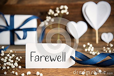 Label With White Heart Decoration, Flower, Gift, Text Farewell Stock Photo