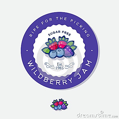 Label for wildberry jam. Round sticker for jar with berries, leaves and letters in a circle. Vector Illustration