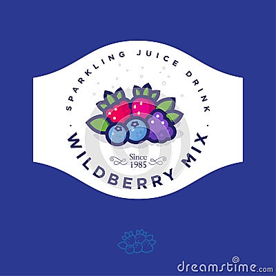 Label for wild berry jam. Sticker for jar with different berries, leaves and letters in a circle. Vector Illustration