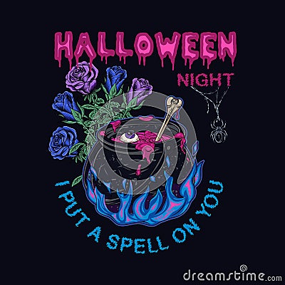 Label with witch cauldron with bubbling pink liquid, magic blue fire, bone, roses, spider, text Vector Illustration