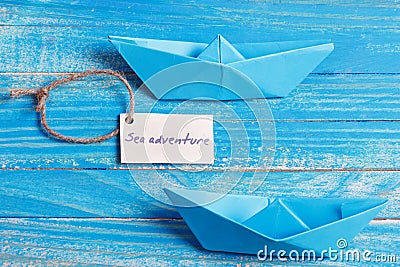 Label with the Words Sea aventure which means go to trip on the yacht Stock Photo