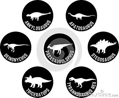 Labeled Dinosaur Round Icon Set Vector Illustration