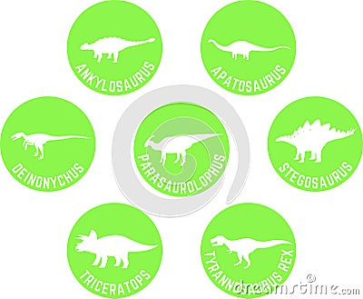 Labeled Dinosaur Round Icon Set Green Vector Illustration