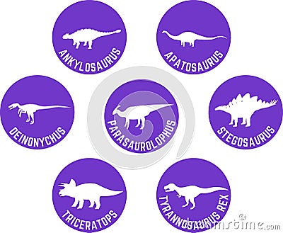 Labeled Dinosaur Round Icon Set Purple Vector Illustration