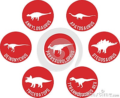 Labeled Dinosaur Round Icon Set Red Vector Illustration