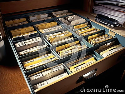 Labeled file organizer on desk with mm lens aperture Stock Photo