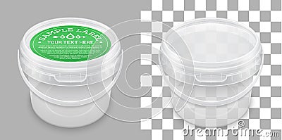 Labeled transparent empty plastic bucket for storage. Vector packaging mockup Vector Illustration