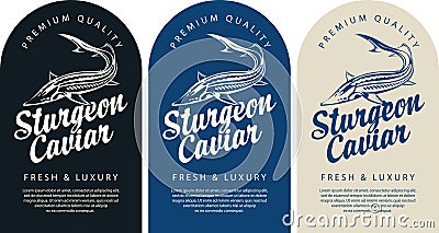 Labels for black caviar with sturgeon fish Vector Illustration