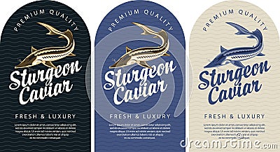 Labels for black caviar with sturgeon fish Vector Illustration