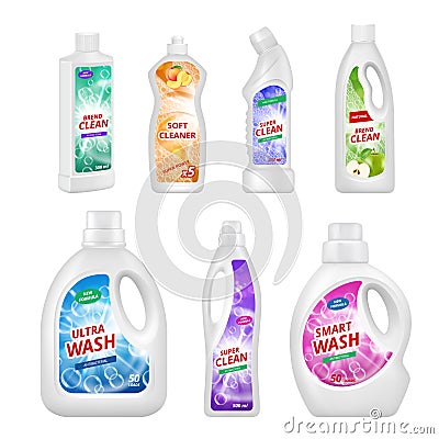 Labels for chemical bottles. Realistic illustrations of plastic bottles for various chemical liquids Vector Illustration