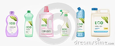 Labels for detergent bottle. Mockup cleaner bottles with label, disinfectants polypropylene package labeling branding Vector Illustration
