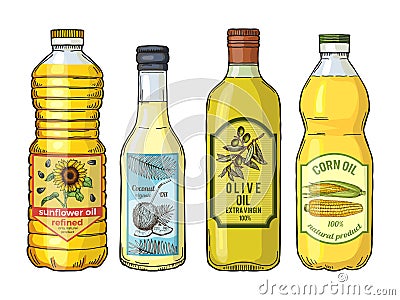 Labels for different oils. Sunflower, olive, corn and coconut. Vector pictures set Vector Illustration