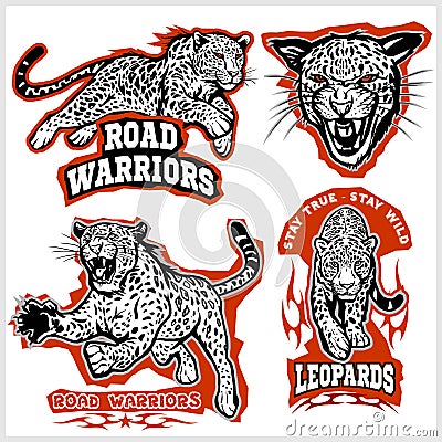 Labels, emblems and design elements for sport club with leopard. Vector Illustration