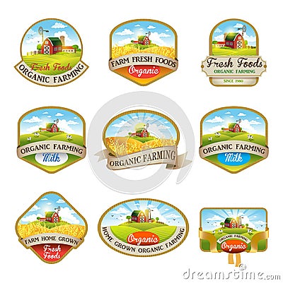 Labels with the image of a farm Vector Illustration