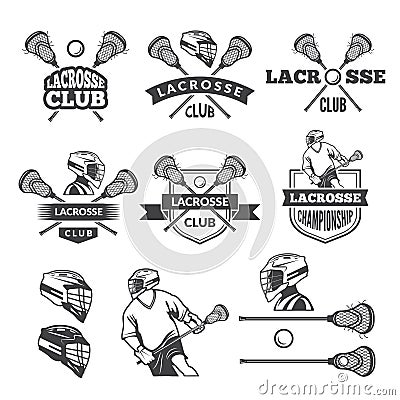 Labels of lacrosse club. Vector monochrome pictures set Vector Illustration