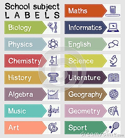 Labels with names and icons of school subjects Vector Illustration