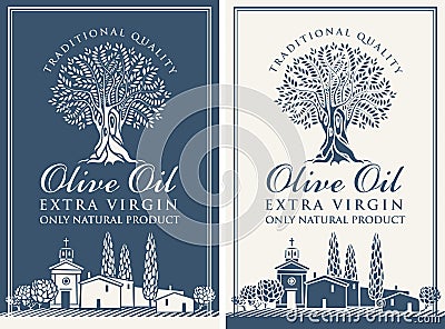 Labels for olive oil with countryside landscape Vector Illustration