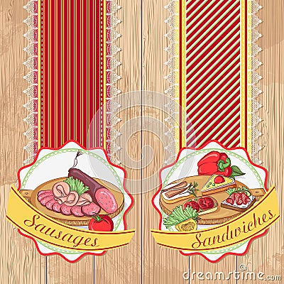 Labels with sausages and sandwiches Vector Illustration