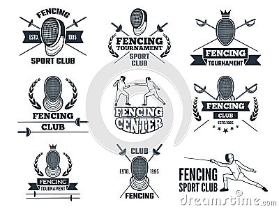 Labels set for fencing sport. Monochrome pictures of rapiers, sword mask and other equipment Vector Illustration