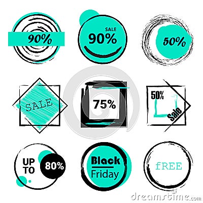 Labels set sale, mega discounts, black Friday, 10%, 25%, 50%, 70%, 80%, 90% Stock Photo