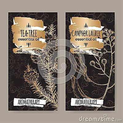 2 labels with tea tree and camphorwood branch sketch on black background. Vector Illustration