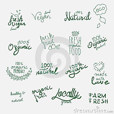 Labels with vegetarian and raw food diet designs. Vector Illustration