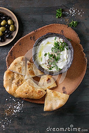 Labneh fresh lebanese cream cheese dip Stock Photo