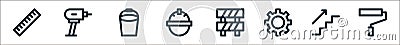 laboor and tools line icons. linear set. quality vector line set such as paint roller, upstairs, gear, barricade, worker, bucket, Vector Illustration