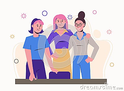 The labor collective of girls in the office. Friends meeting. Workers at the workplace. Illustration in flat style. Stock Photo