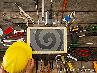 set of tools and instruments on wooden background Stock Photo