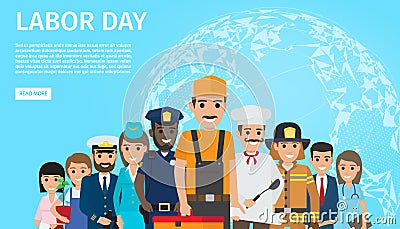 Labor Day Flat Vector Web Banner with Professions Vector Illustration