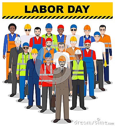 Labor day. Group of worker, builder and engineer standing together on white background in flat style. Working team and Vector Illustration