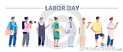 Labor day. International industrial workers group, people professional careers. Different girls boys on job banner, may Vector Illustration