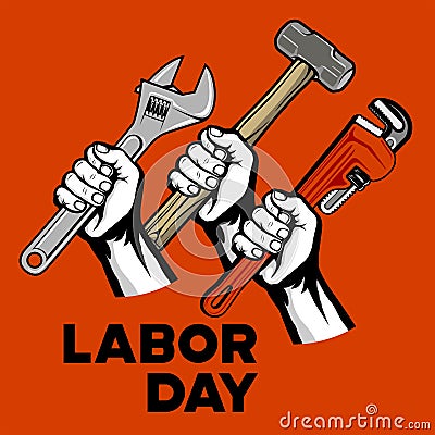 Labor Day, plumbing, garage logo with hand holding hammer, wrench vector inspiration Vector Illustration