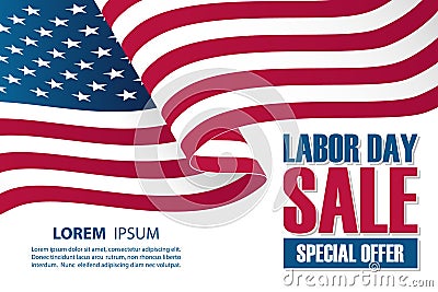 Labor Day Sale banner template with waving american national flag. Special offer holiday background for business. Vector Illustration