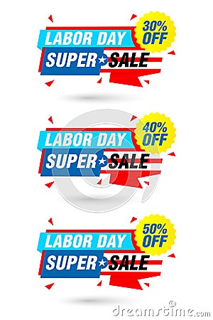 Labor day sale origami labels set. Super sale 30%, 40%, 50% off discount Vector Illustration