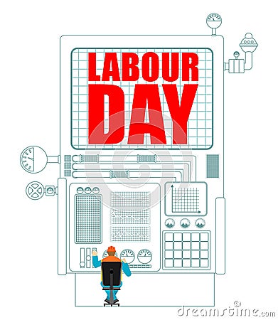 Labor Day. Worker in helmet at work. International Workers` Day. Vector Illustration