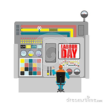 Labor Day. Worker in helmet at work. International Workers` Day. Vector Illustration