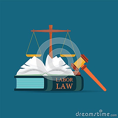 Labor Law books with a judges gavel in flat style. Vector Illustration