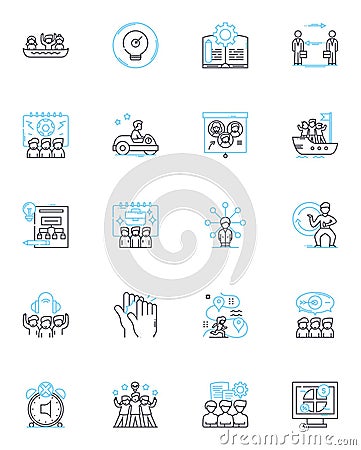 Labor performance linear icons set. Efficiency, Productivity, Output, Motivation, Dedication, Commitment, Accountability Vector Illustration