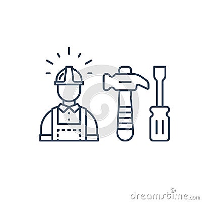 Labor workforce, construction worker in helmet, work tools Vector Illustration