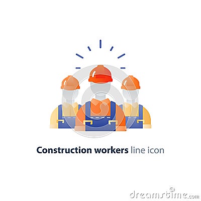 Labor workforce, construction workers group in helmet, three builders Vector Illustration