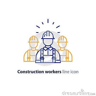 Labor workforce, construction workers group in helmet, three builders Vector Illustration