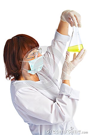 Laboratory assistant with flask Stock Photo