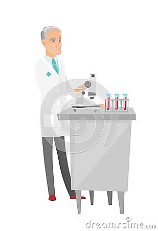 Laboratory assistant working with microscope. Vector Illustration