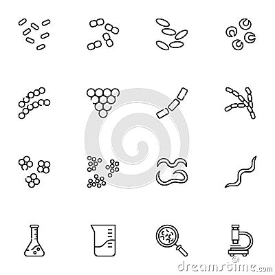 Laboratory bacteria cells line icons set Vector Illustration