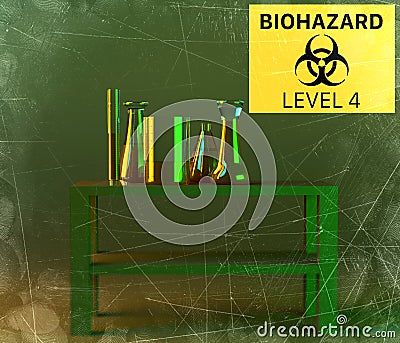Laboratory and biohazards study, analysis and testing with containers for liquids on a table. Viruses and bacteria Stock Photo