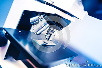 Laboratory chemical instruments, microscope and samples. Scientific and healthcare domains Stock Photo